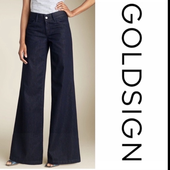 GOLDSIGN Short Orchid Denim Jeans Flare Wide Leg Dark Wash Mid Rise Bell Bottoms - Picture 9 of 9
